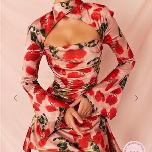 House of CB Toira Size L Pink Satin Dress with Red Floral Print